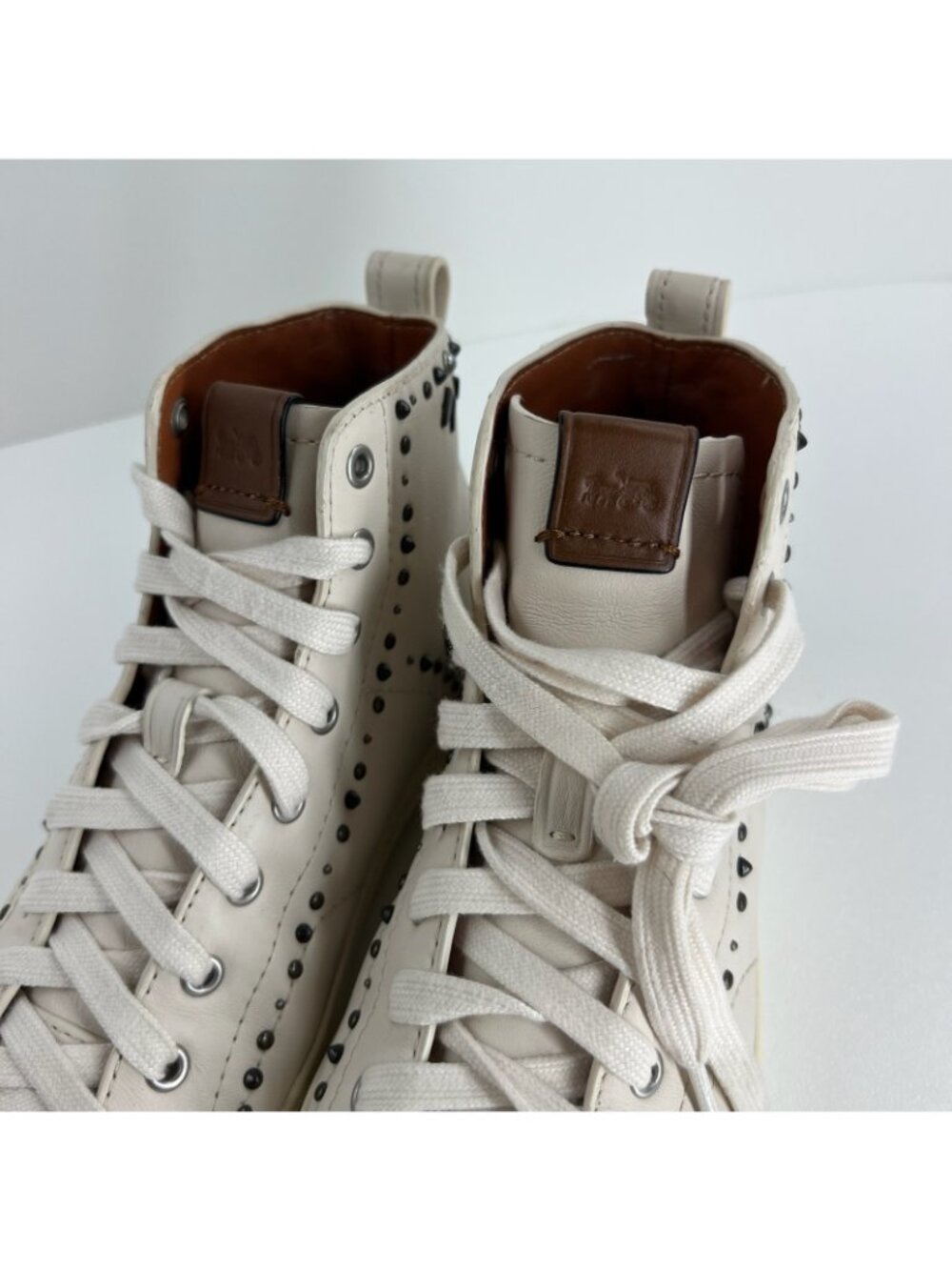 Coach C216 Prairie Rivet High Top Sneaker Women Size 5B Leather Studded OffWhite - Picture 10 of 13